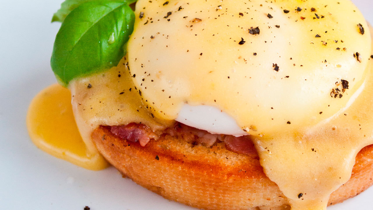 Ham hock eggs benedict, toasted ciabatta and Hollandaise sauce