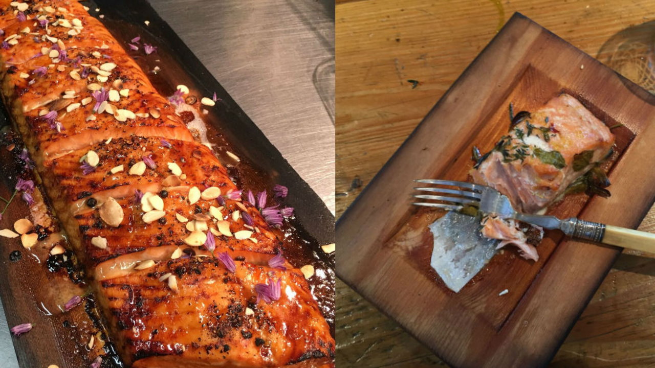Hot smoked trout on Cedar Planks with an Apple and Fennel Slaw