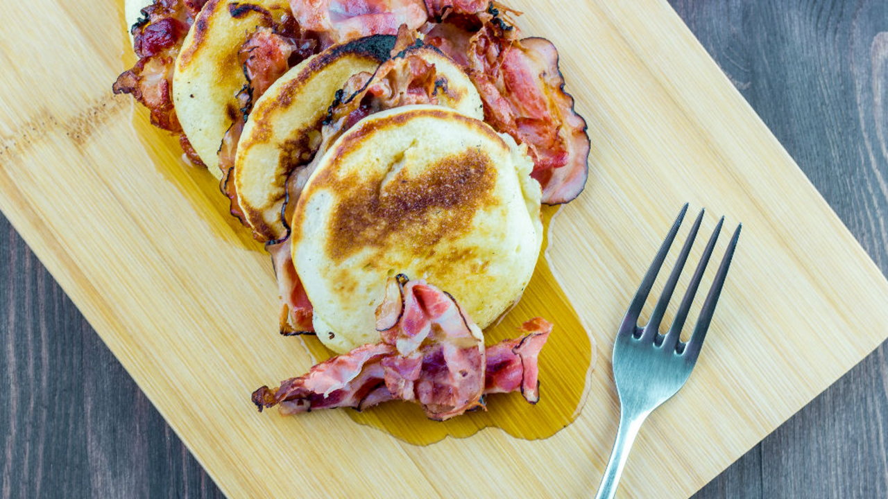 Fluffy Buttermilk Pancakes, Crispy Streaky Bacon, Maple Syrup Saturday AM
