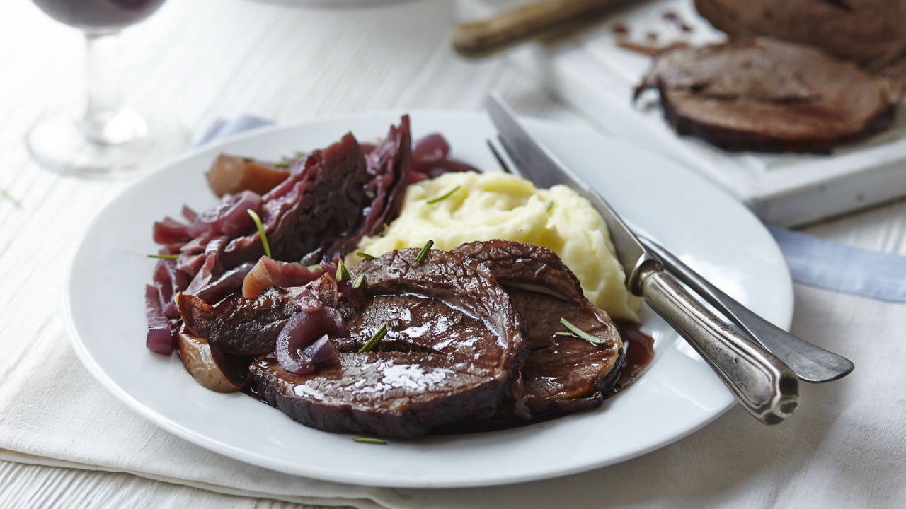 Slow Cooked Beef Brisket with Mash, Gravy & Pickled Vegetables The Six O'Clock Show