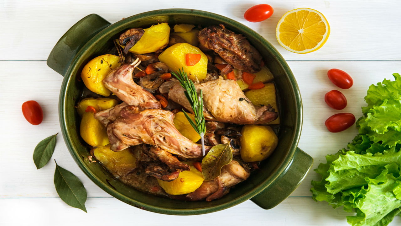 Pot Roast Rabbit, w/ White beans, Root Vegetables & Whole Grain Mustard