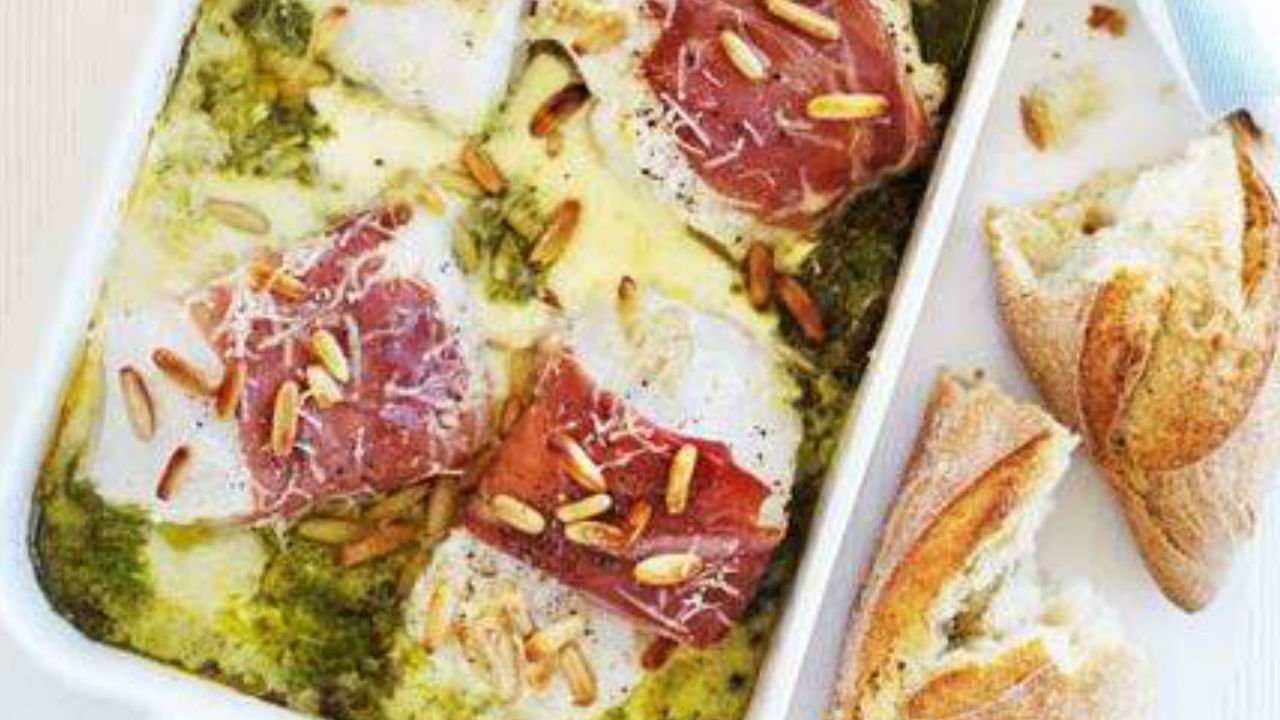 Baked cod with parma ham and pesto