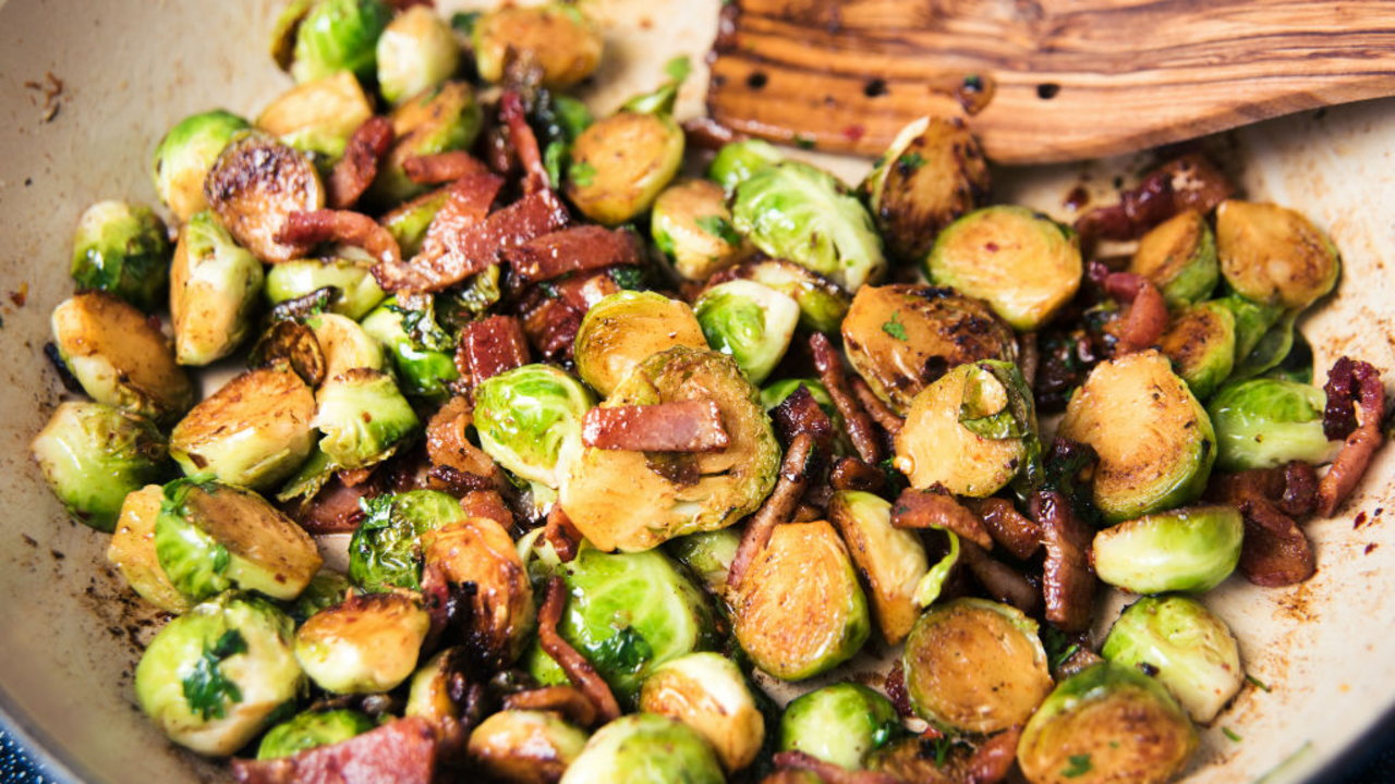 Pan-Fried Brussel Sprouts with Pancetta, Cranberries and Chesnuts