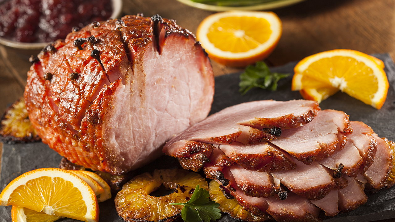 Honey glazed ham with apricot and sage stuffing and proper gravy The