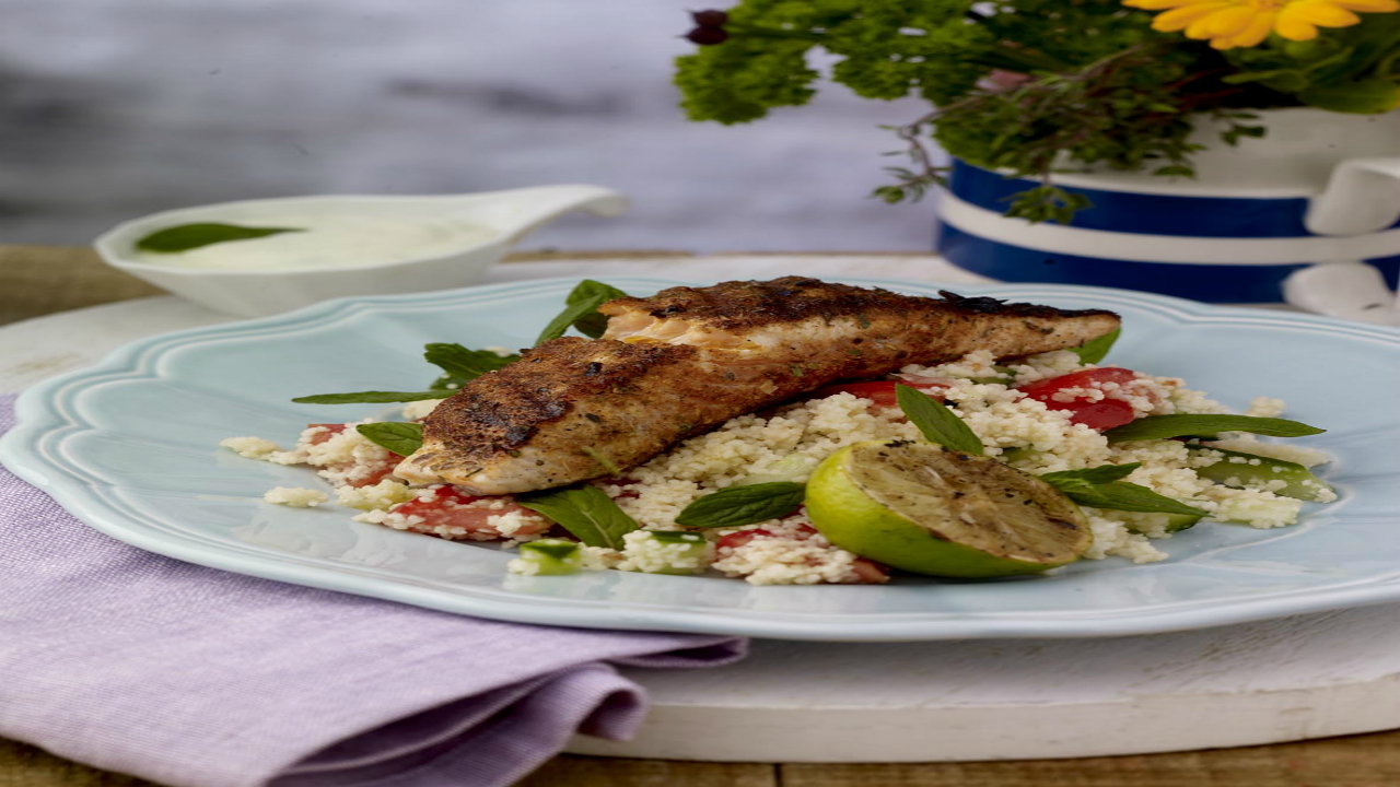 Blackened Salmon, Couscous, Lime dressing The Six O'Clock Show