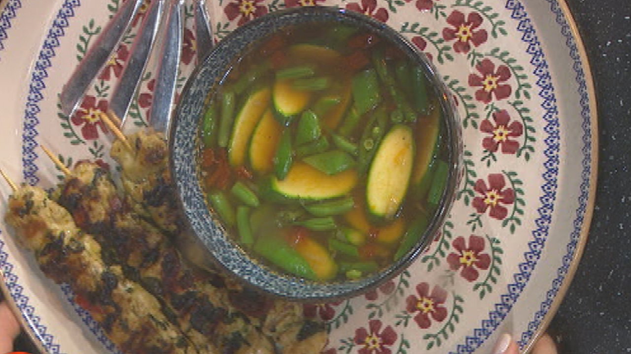 Green Vegetable Broth with Chicken Skewers.
