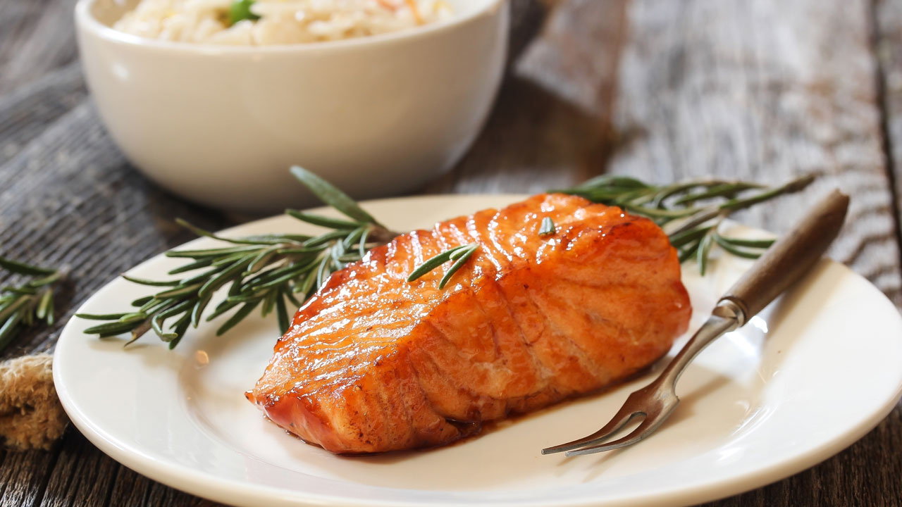 Pan seared Salmon with Mediterranean rice and Sauce Vierge