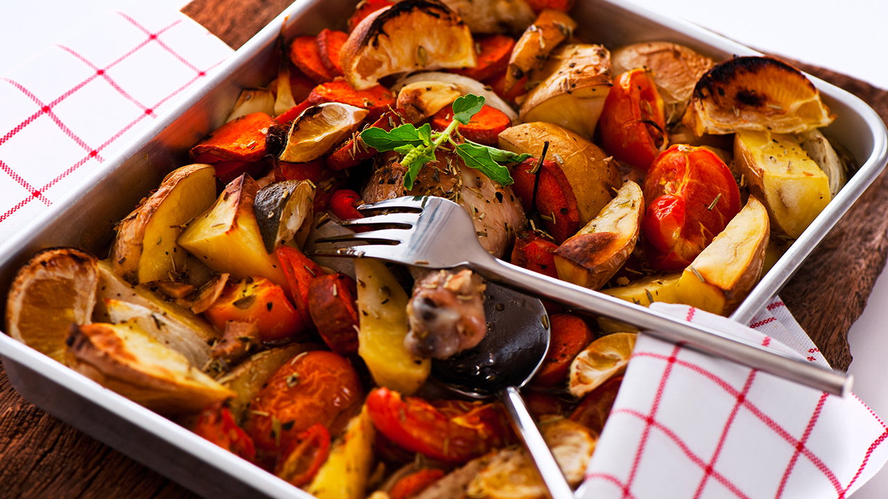 Chicken and spiced vegetable tray bake