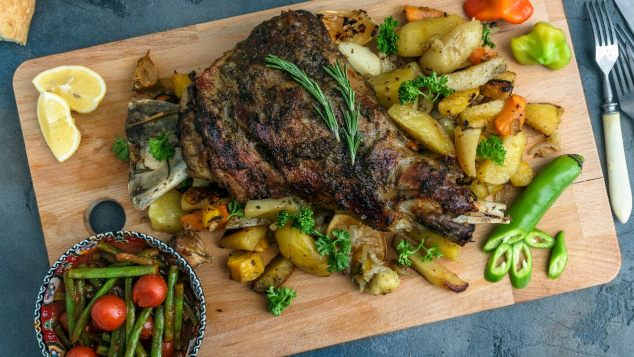 Glazed Lamb Shoulder with garden vegetables and mashed potatoes