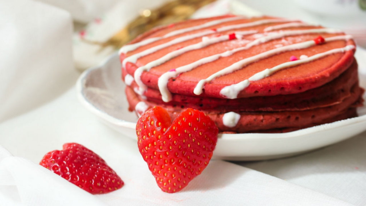 Valentine?s Red Velvet Pancakes with a Maple & Cream Cheese Syrup