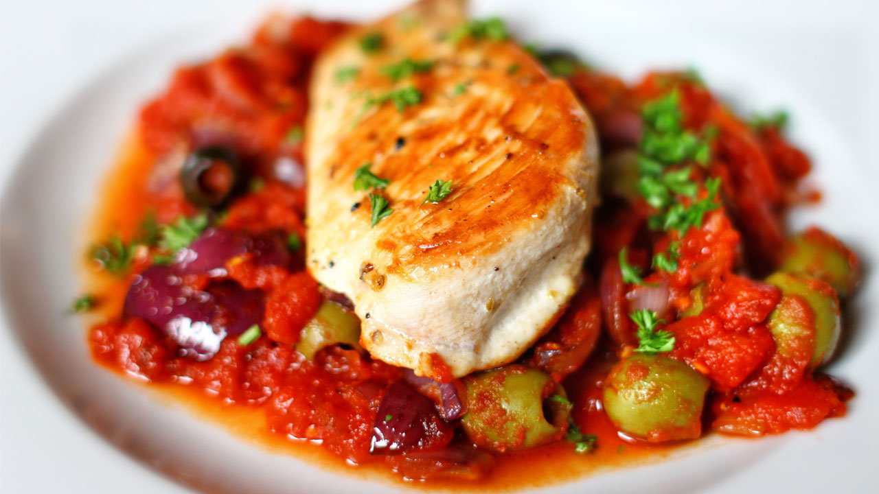 Mediterranean Stuffed Chicken with Tomato & Red Pepper Compote