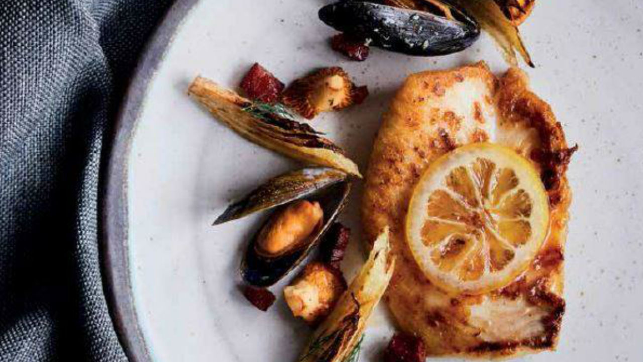 Halibut with Chorizo, Mussels and Girolle Mushrooms The Six O'Clock Show