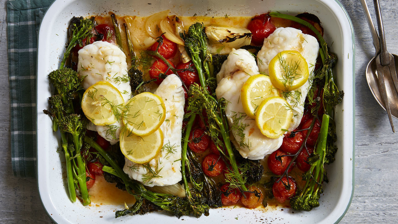 Pan Seared Sea Bass With Garlic Potatoes, Tenderstem Broccoli