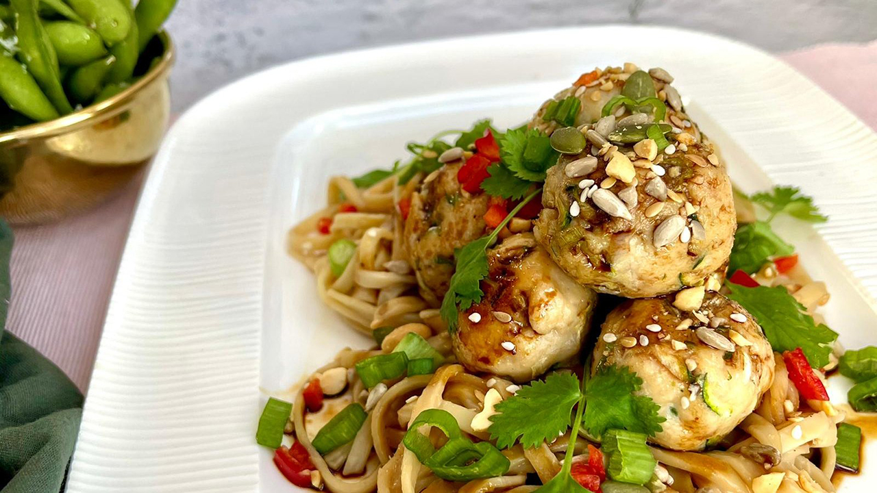 Miso Chicken Meatballs with Spicy Peanut Butter Noodles The Six O