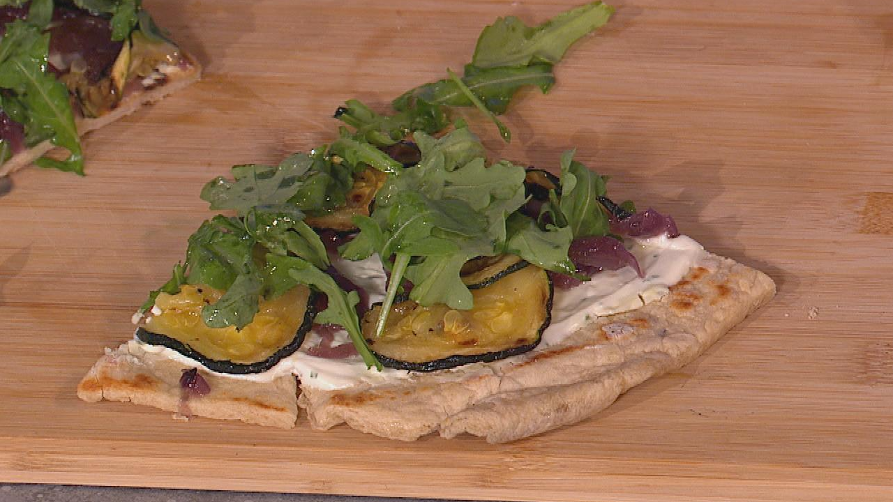 Grilled Turkish Flatbread with onion jam, goats’ cheese, and roast