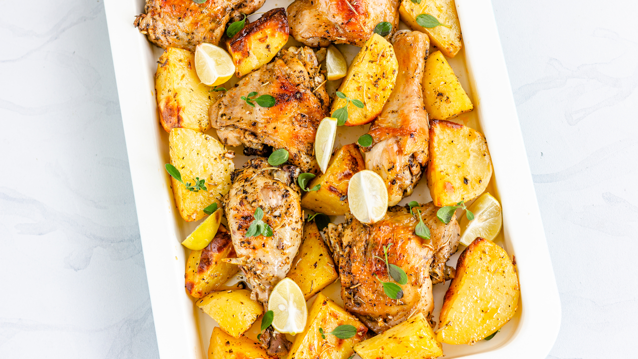 Thai basil Roasted Lemon Chicken Potatoes Casserole Served with Steamed ...