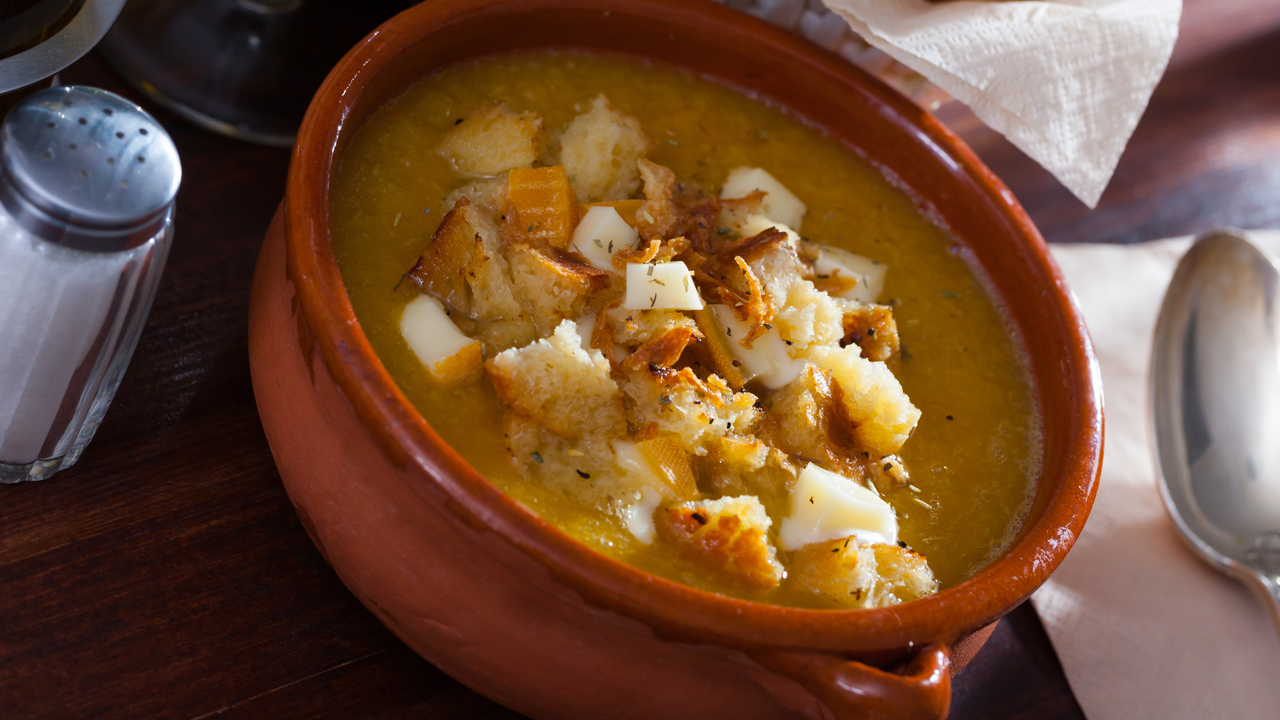 Roasted Root Vegetable Soup w/ leftover bread croutons & loaded cheesy