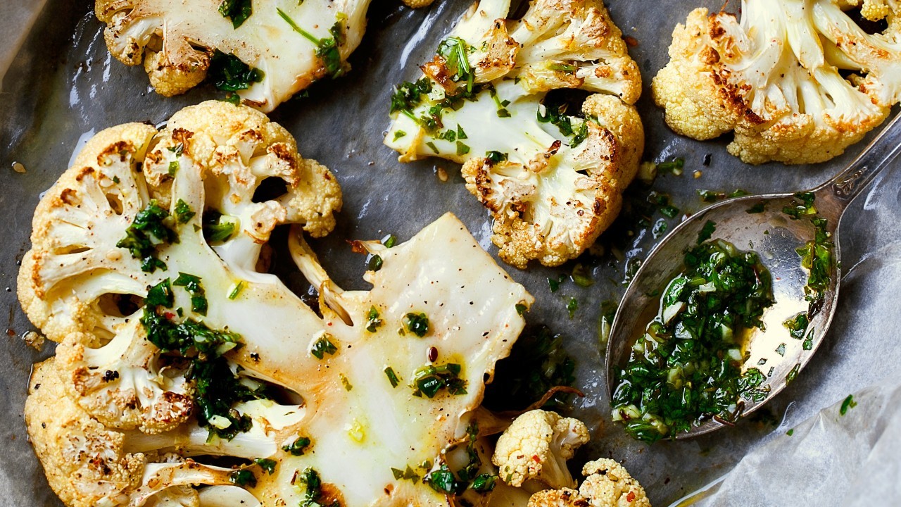 Roasted Cauliflower served with Tahini and Chimichurri Herb Sauce ...