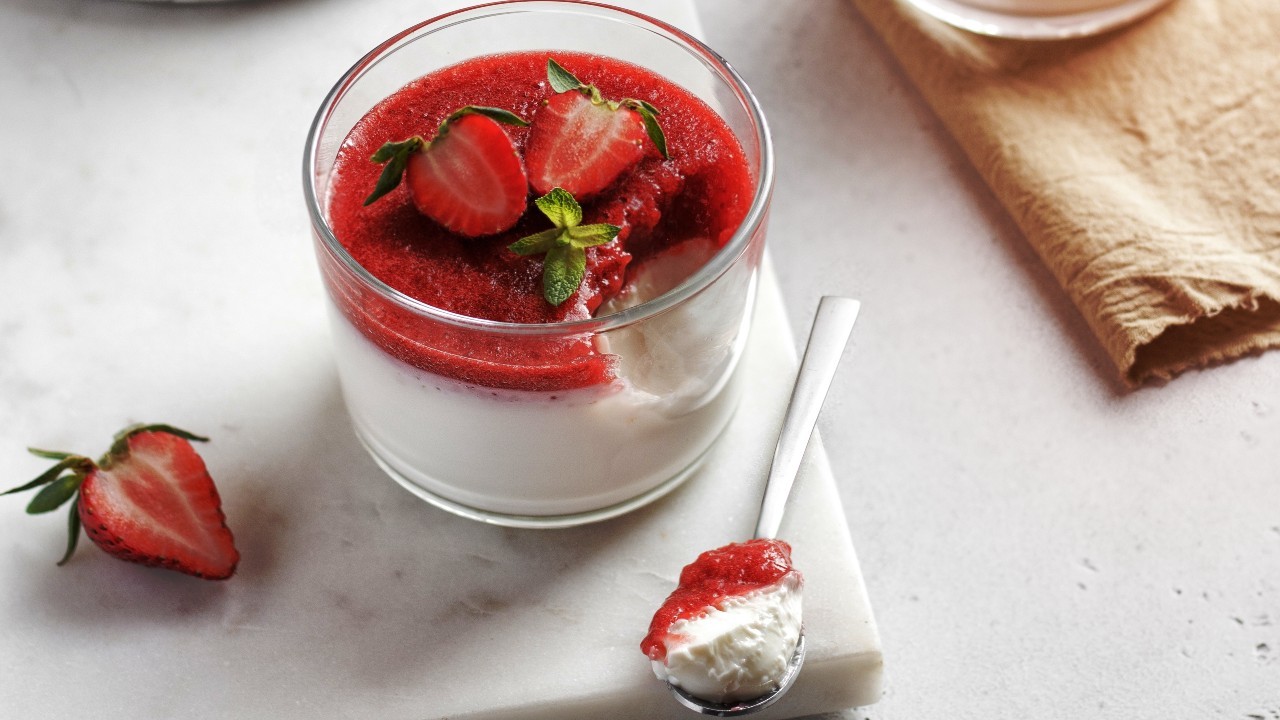 Elderflower Sheep’s Yogurt Panna Cotta With Strawberries 