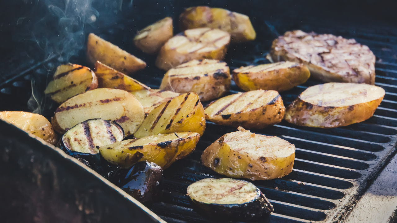 BBQ Aubergines & Halloumi, Cannellini Bean, Crème Fraiche and Herb